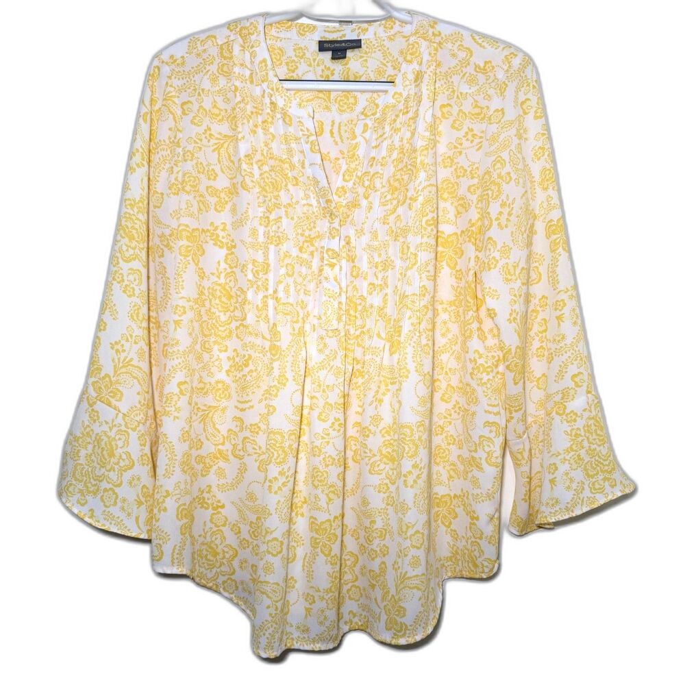 Style & Co Women's Medium Yellow Floral Pintuck Peasant Blouse 3/4 Sleeve Boho